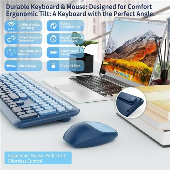 Wireless retro typewriter keyboard and mouse combo full size ergonomic pc office - Picture 3 of 8